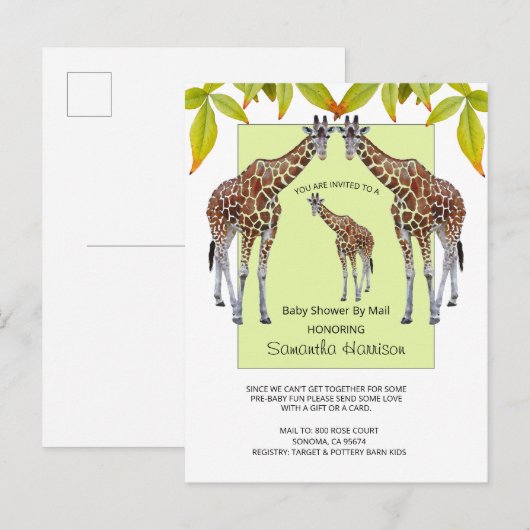 Oerwoud Giraffe Waterverf Baby shower per post Uitnodiging Briefkaart (Voorkant / Achterkant)