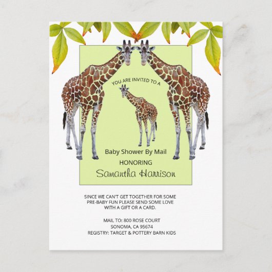 Oerwoud Giraffe Waterverf Baby shower per post Uitnodiging Briefkaart (Voorkant)