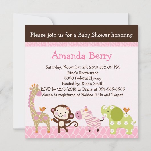 Oerwoud Girl Animals Baby shower Invitation Kaart (Voorkant)