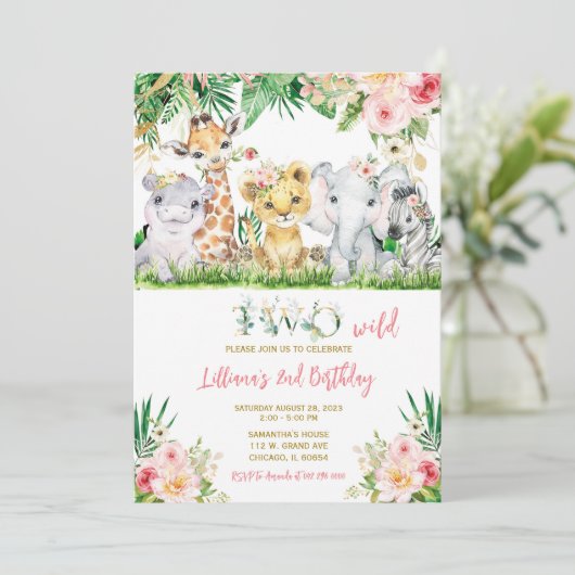 Oerwoud Girl Two Wild Birthday Invite Kaart (Staand voorkant)