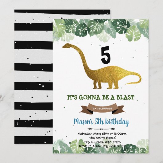 Oerwoud Gold dinosaur verjaardagsuitnodiging Kaart (Voorkant / Achterkant)