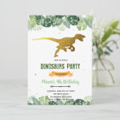 Oerwoud gouden t-rex dinosaur verjaardagsuitnodigi kaart (Staand voorkant)
