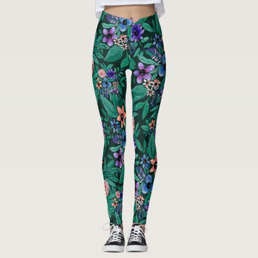 Oerwoud Green Coral Waterverf Greenery Pattern Leggings (Voorkant)