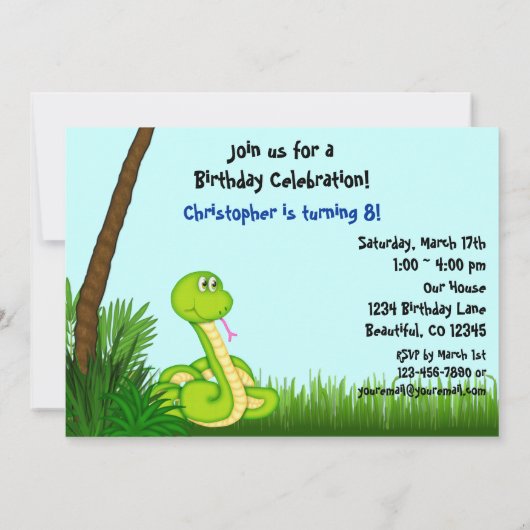 Oerwoud Green Snake Birthday Party Invitation Kaart (Achterkant)