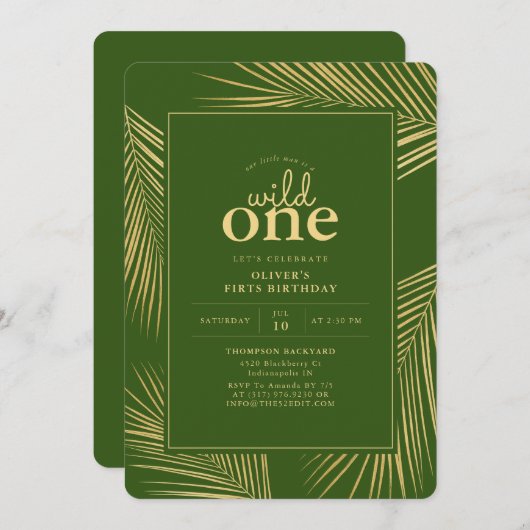 Oerwoud Green Wild One Verjaardagsfeestuitnodiging Kaart (Voorkant / Achterkant)