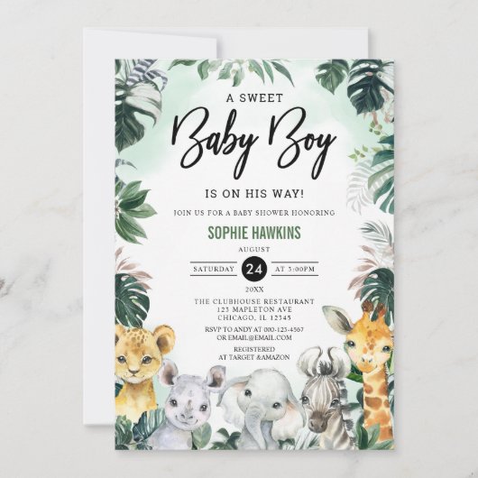 Oerwoud Greenery Wild Safari Animals Baby shower Kaart (Voorkant)