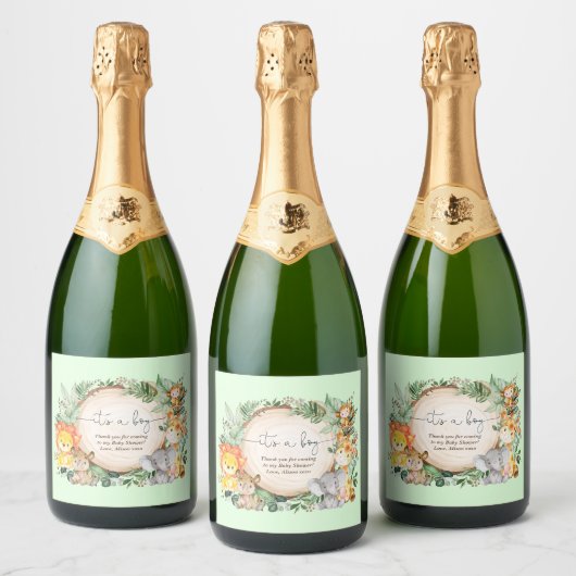 Oerwoud groen safari dieren Baby shower gunsten Sparkling Wijnetiket (Flessen)