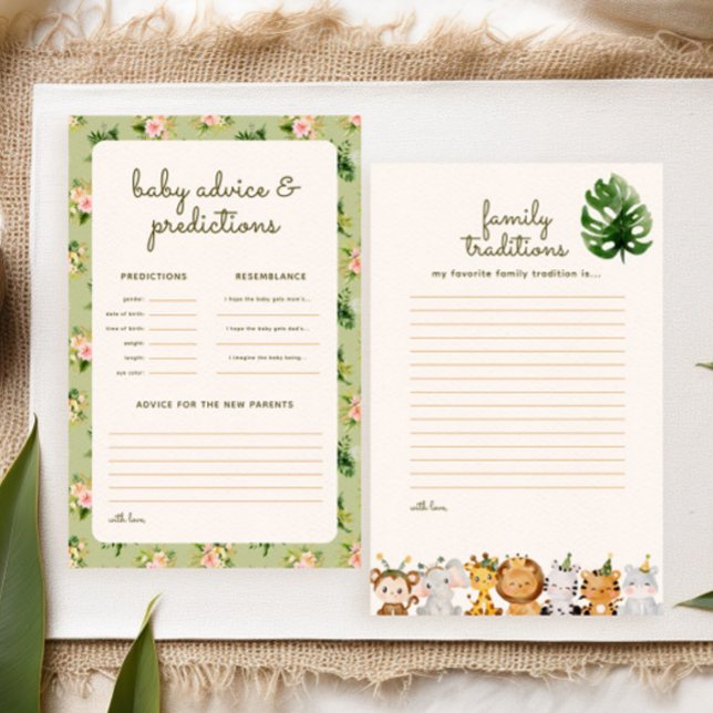 Oerwoud Groen Tropisch Baby shower Voorspellingen  (fun baby shower games: family traditions + advice & predictions. Tropical leaves and safari animals)