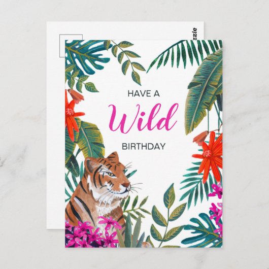 Oerwoud groene en roze wilde tropische verjaardags briefkaart (Voorkant / Achterkant)