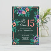 Oerwoud Groene Koraal Bloemen Waterverf Quinceañer Kaart (Staand voorkant)