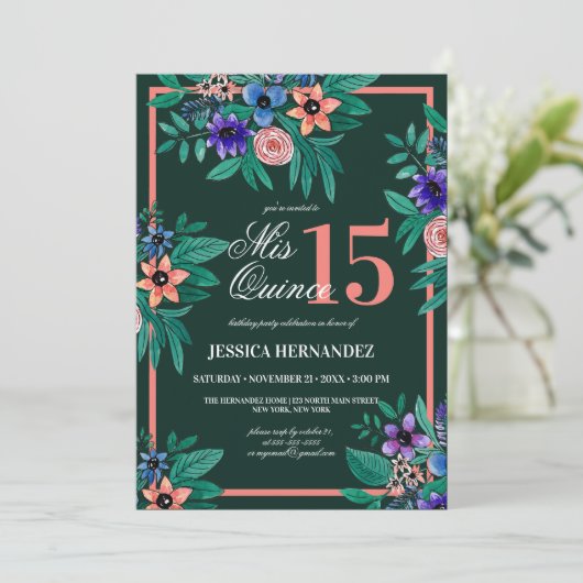 Oerwoud Groene Koraal Bloemen Waterverf Quinceañer Kaart (Staand voorkant)