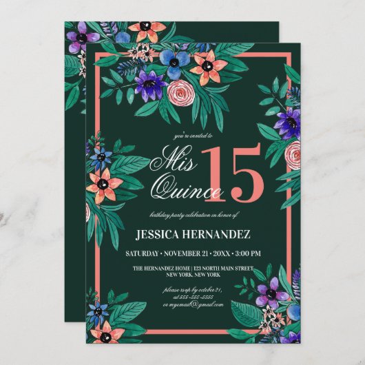 Oerwoud Groene Koraal Bloemen Waterverf Quinceañer Kaart (Voorkant / Achterkant)