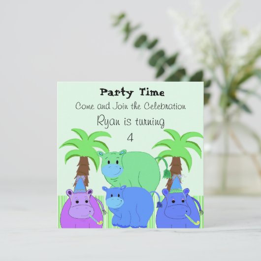 Oerwoud Hippo Birthday Uitnodiging (Staand voorkant)