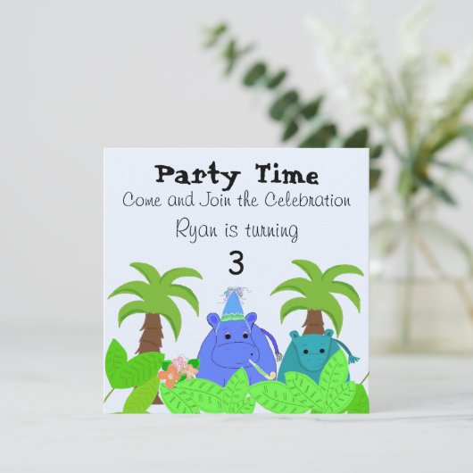 Oerwoud Hippo Birthday Uitnodiging (Staand voorkant)