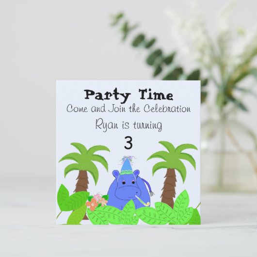 Oerwoud Hippo Birthday Uitnodiging (Staand voorkant)