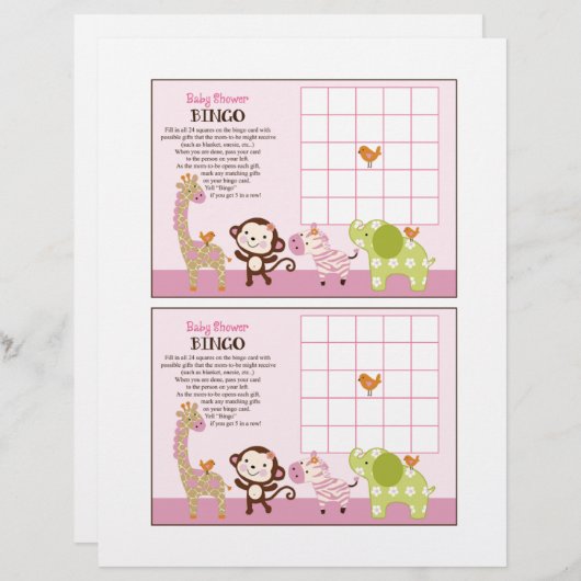 Oerwoud Jill Girl Animals "Baby shower Bingo" (Voorkant / Achterkant)