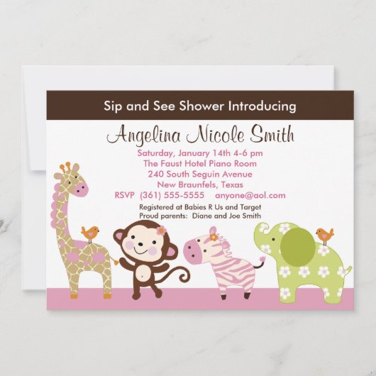 Oerwoud Jill / Girl Animals Sip & See Invitation Kaart (Voorkant)