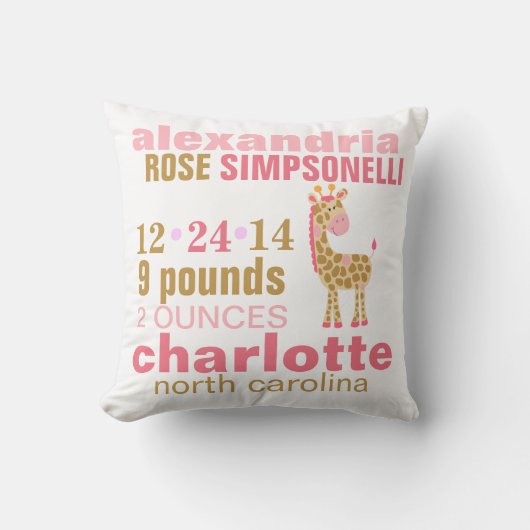 Oerwoud Jill Pink Giraffe Birth kondiging Kussen (Voorkant)