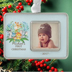 Oerwoud jongens Eerste Kerstfeest Foto van Baby Verzilverd Omlijst Ornament