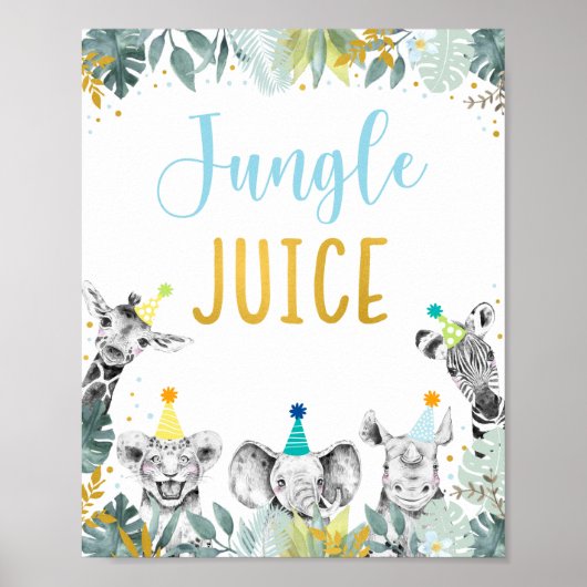 Oerwoud Juice Blue Gold Party Animal Birthday Sign Poster (Voorkant)
