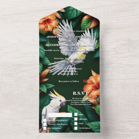 Oerwoud kaketoe papegaai hibiscus monstera blad all in one uitnodiging (Binnen)
