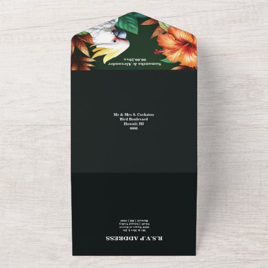 Oerwoud kaketoe papegaai hibiscus monstera blad all in one uitnodiging (Buitenkant)