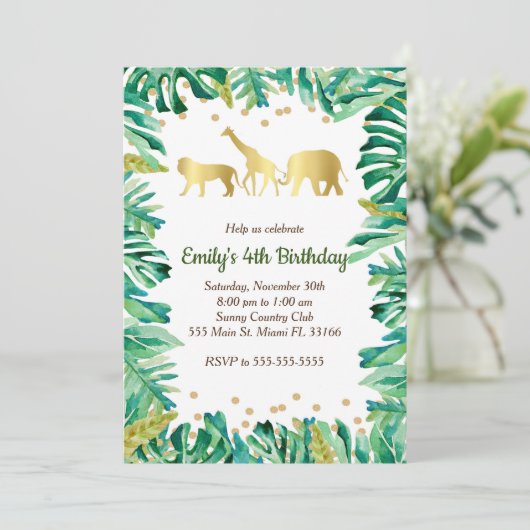 Oerwoud Kinderen Birthday Uitnodiging Safari Diere (Staand voorkant)