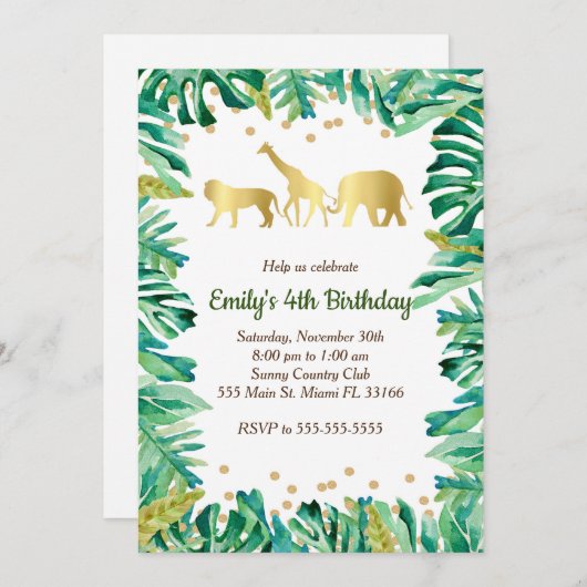 Oerwoud Kinderen Birthday Uitnodiging Safari Diere (Voorkant / Achterkant)