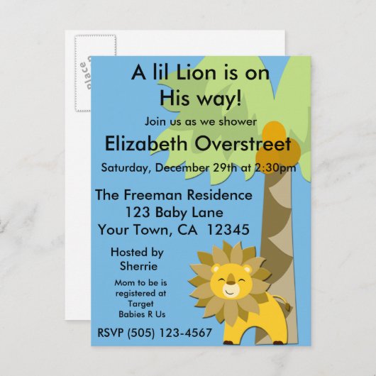 Oerwoud King Lion Baby shower Blue Sky Zoo Safari Uitnodiging Briefkaart (Voorkant / Achterkant)