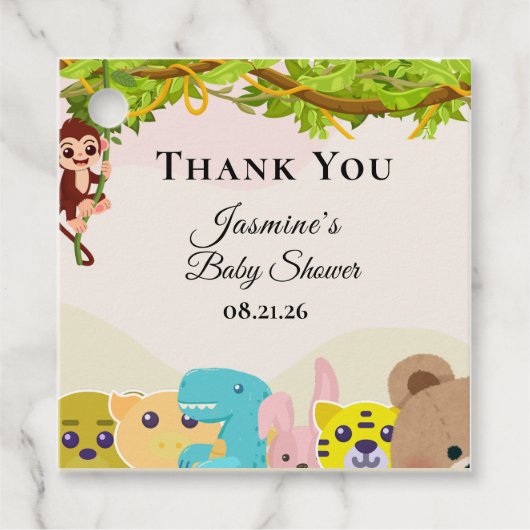 Oerwoud Leafy Theme Monkey Soft Toys baby shower Bedankjes Labels (Voorkant)