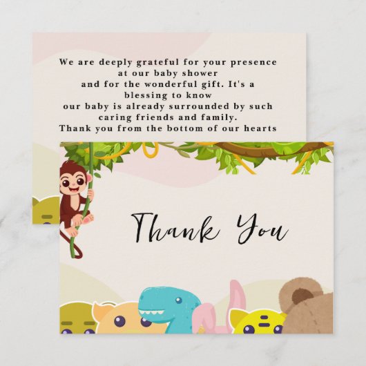 Oerwoud Leafy Theme Monkey Soft Toys baby shower Bedankkaart (Voorkant / Achterkant)