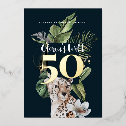 Oerwoud Leopard 50ste verjaardagsfeest Folie Uitnodiging (Voorkant)