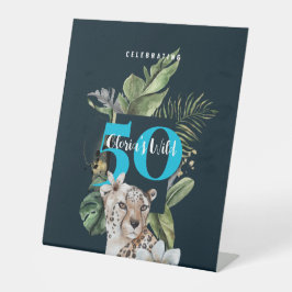 Oerwoud Leopard Blue Milestone Verjaardagsfeest Reclamebord Met Voetstuk