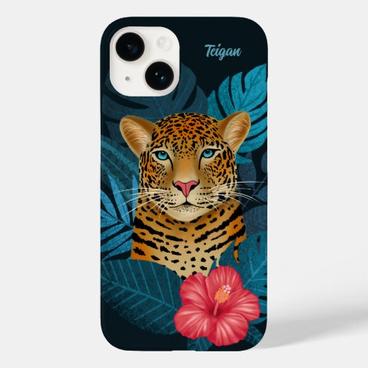  Oerwoud Leopard Floral Art | Blauw | Naam Case-Mate iPhone Case (Achterkant)