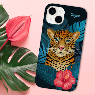  Oerwoud Leopard Floral Art   Blauw   Naam Case-Mate iPhone 14 Hoesje