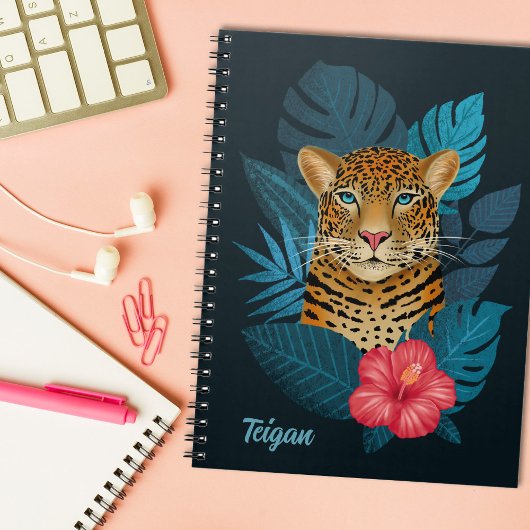  Oerwoud Leopard Floral Art | Blauw | Naam Notitieboek