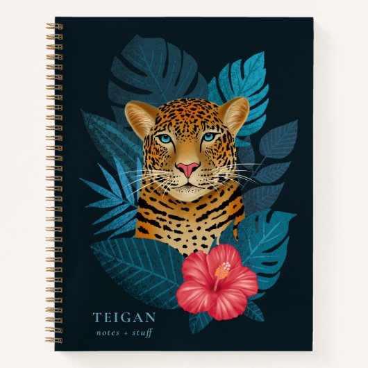  Oerwoud Leopard Floral Art | Blauw | Naam Notitieboek (Voorkant)