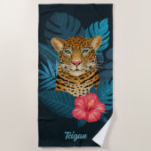  Oerwoud Leopard Floral Art | Blauw | Naam Strandlaken (Voorkant)