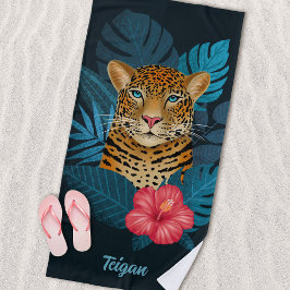  Oerwoud Leopard Floral Art | Blauw | Naam Strandlaken