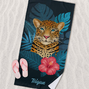 Oerwoud Leopard Floral Art Blauw Naam Strandlaken