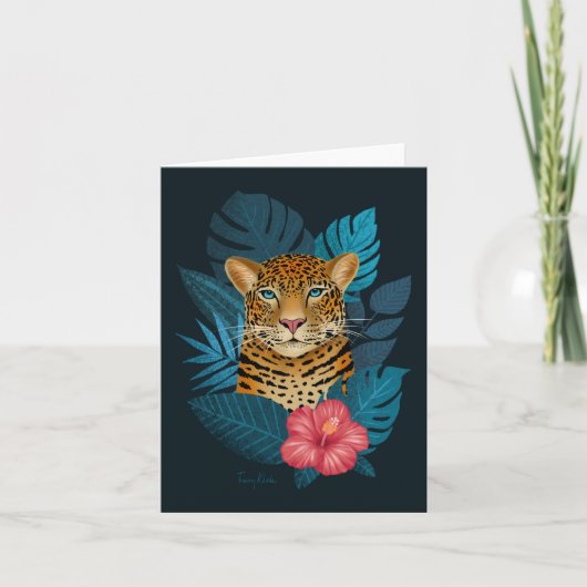  Oerwoud Leopard Floral Art | Blauw Notitiekaartje (Voorkant)