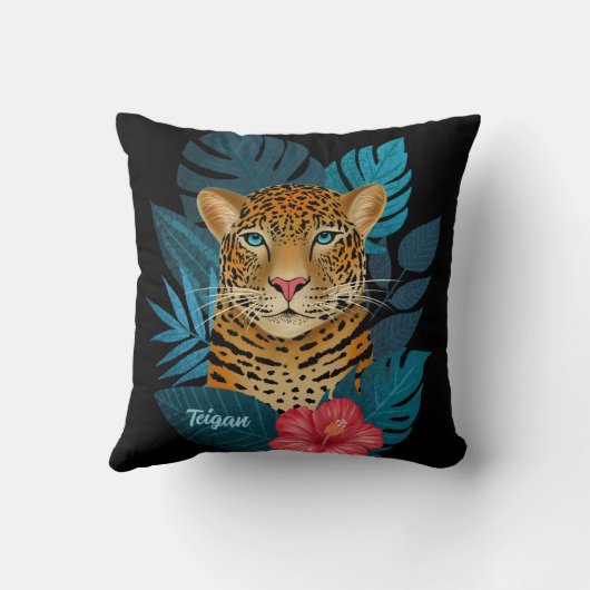  Oerwoud Leopard Floral Art | Zwart | Naam Kussen (Achterkant)