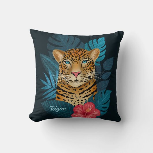 Oerwoud Leopard Floral Art | Zwart | Naam Kussen (Voorkant)