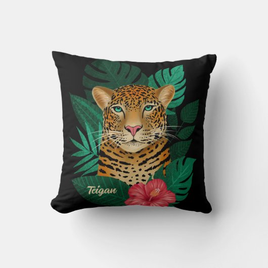 Oerwoud Leopard Floral Art | Zwart | Naam Kussen (Voorkant)