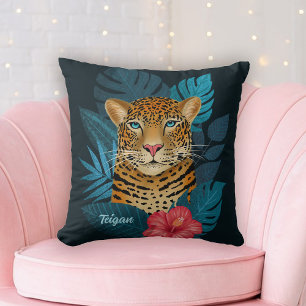  Oerwoud Leopard Floral Art   Zwart   Naam Kussen