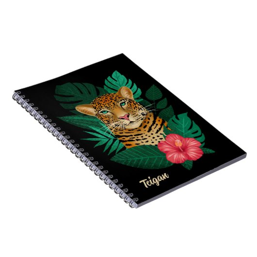  Oerwoud Leopard Floral Art | Zwart | Naam Notitieboek (Rechterzijde)