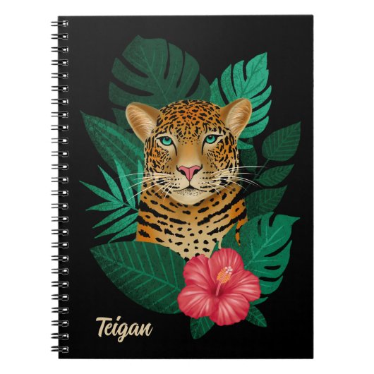  Oerwoud Leopard Floral Art | Zwart | Naam Notitieboek (Voorkant)