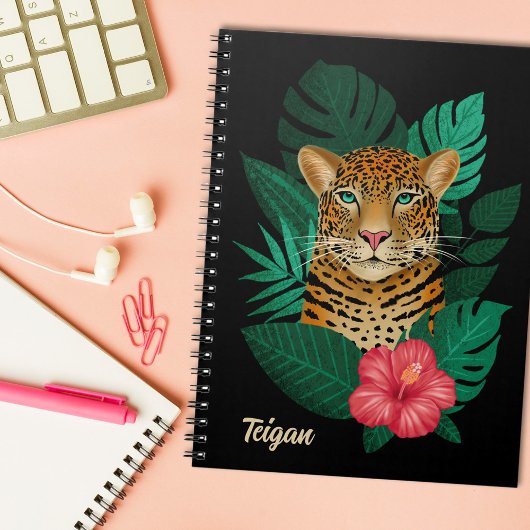  Oerwoud Leopard Floral Art | Zwart | Naam Notitieboek