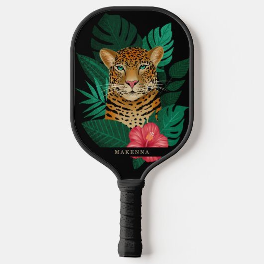 Oerwoud Leopard Floral Art | Zwart | Naam Pickleball Paddle (Achterkant)