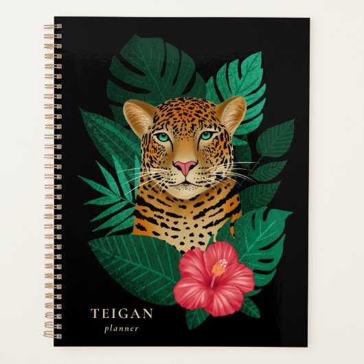  Oerwoud Leopard Floral Art | Zwart | Naam Planner (Voorkant)